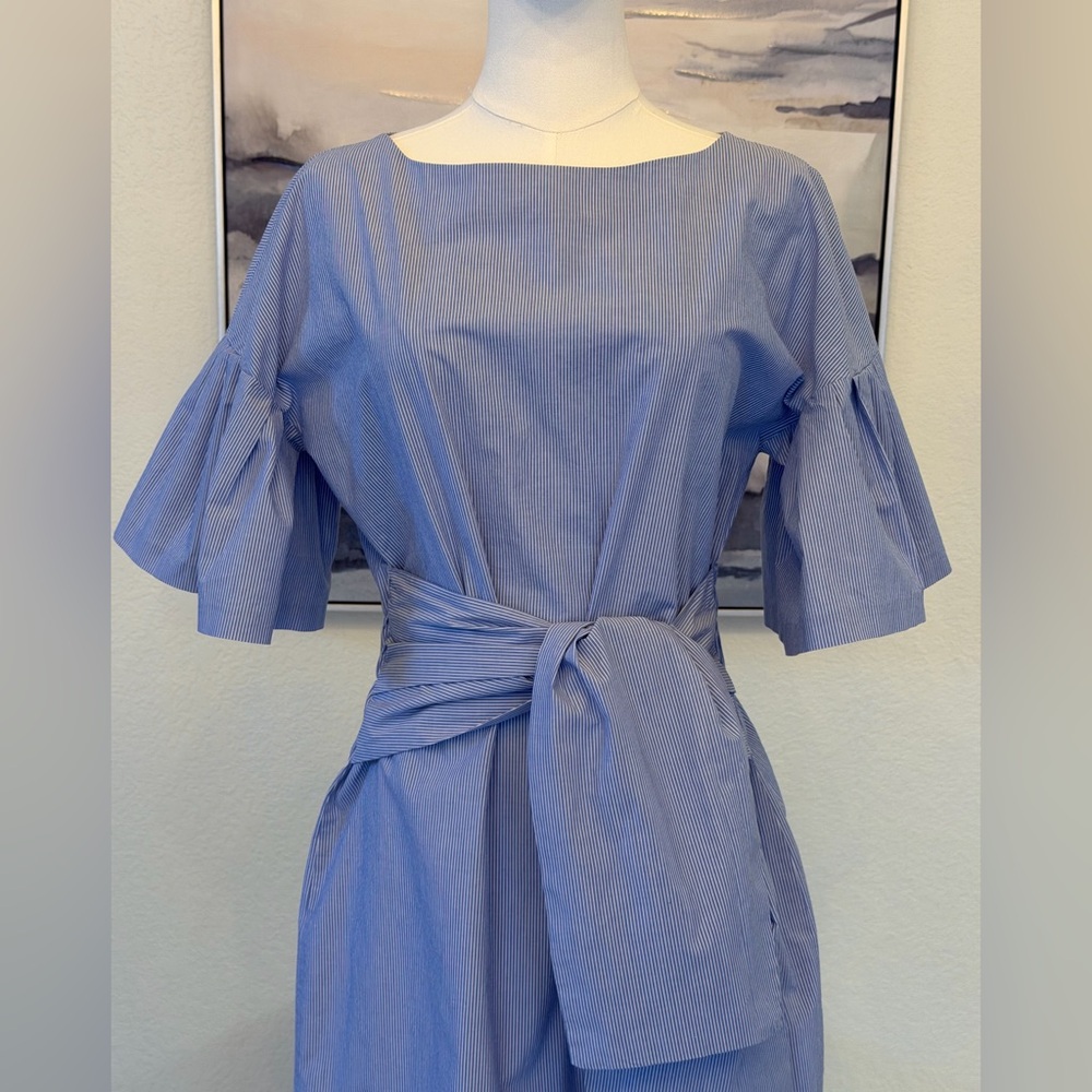 100% cotton Blue White Striped Midi Dress with Flare Sleeves - Picture 5 of 16